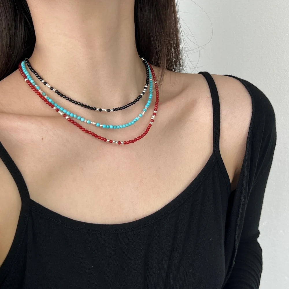 Silver Onyx Round Cut Classic Beaded Necklace