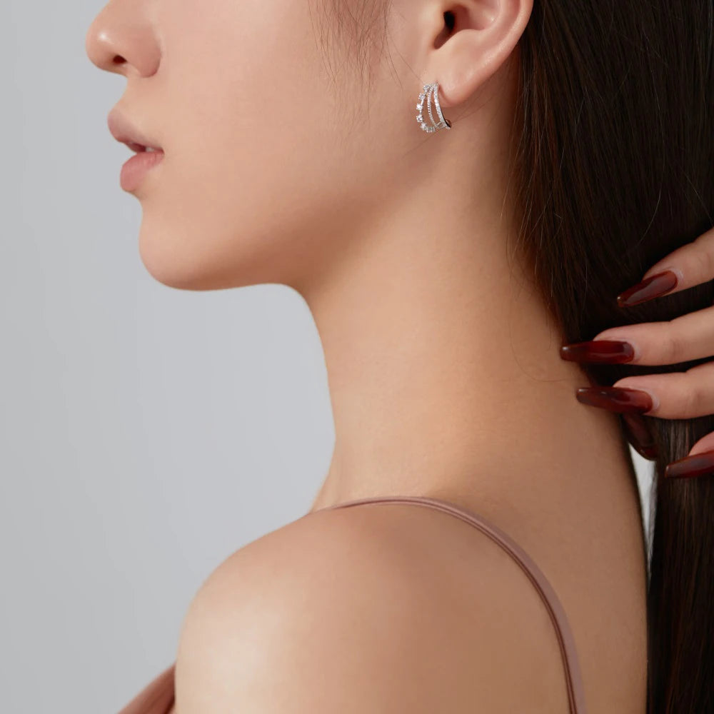 Silver Zircon Round Cut Twisted Hollow Huggie Earrings