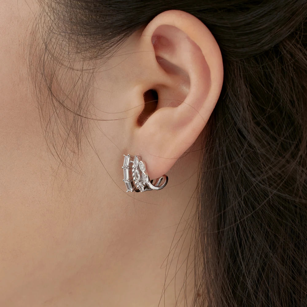 Silver Zircon Baguette Cut Multi Layer Huggie Earrings