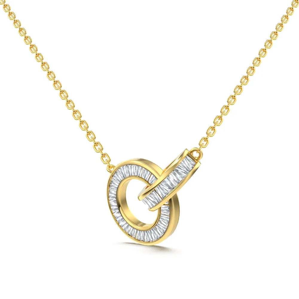 Silver Zircon Tapered Baguette Cut Interlocking Ring Pendant Necklace