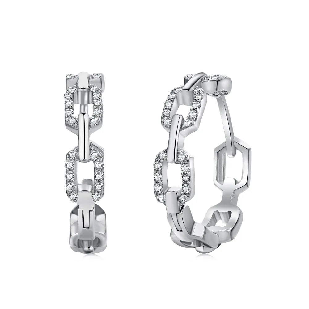 Silver Zircon Round Cut Chain Ear Hoops