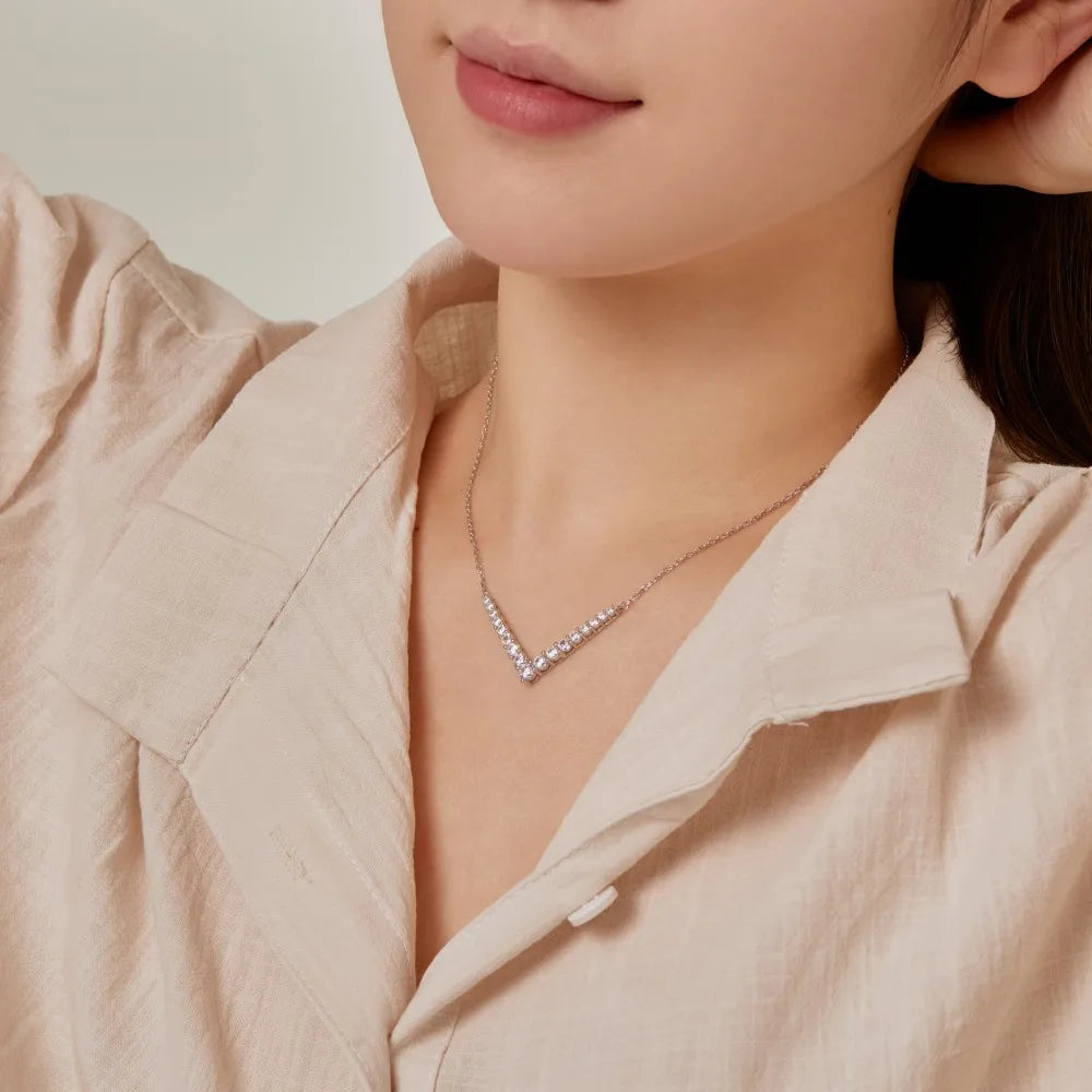Silver Zircon Round Cut V Pendant Necklace