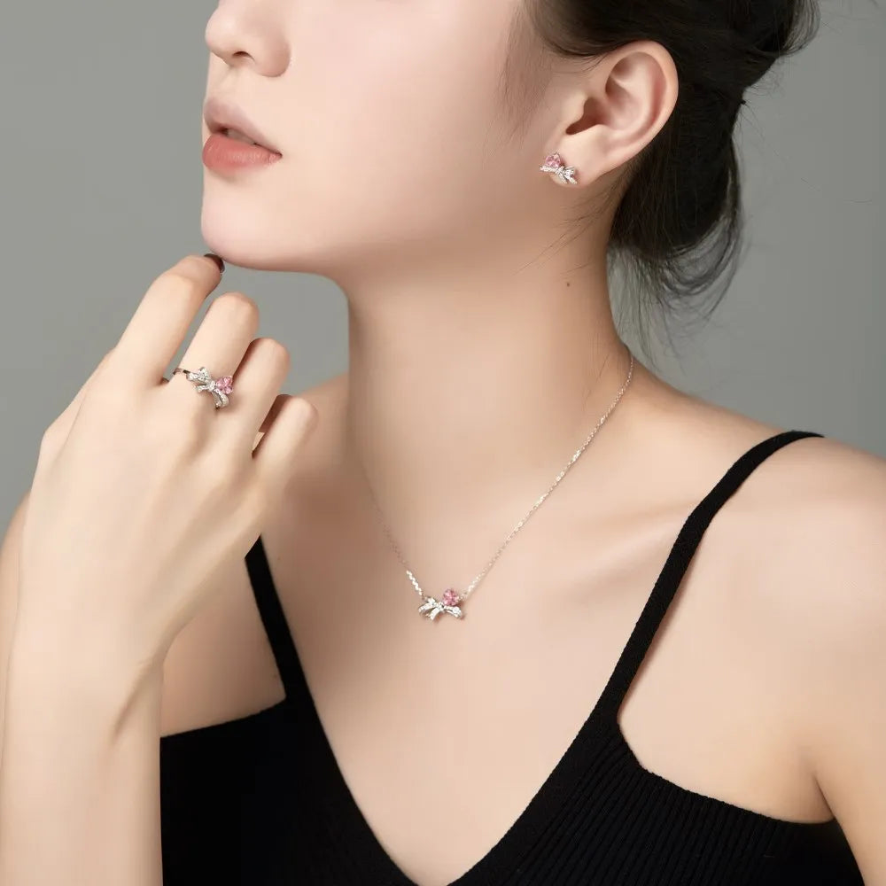 Silver Zircon Heart Cut Bow Knot Ear Studs