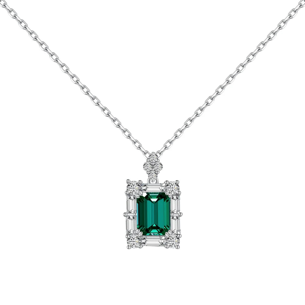 Silver Zircon Emerald Cut Framed Pendant Necklace