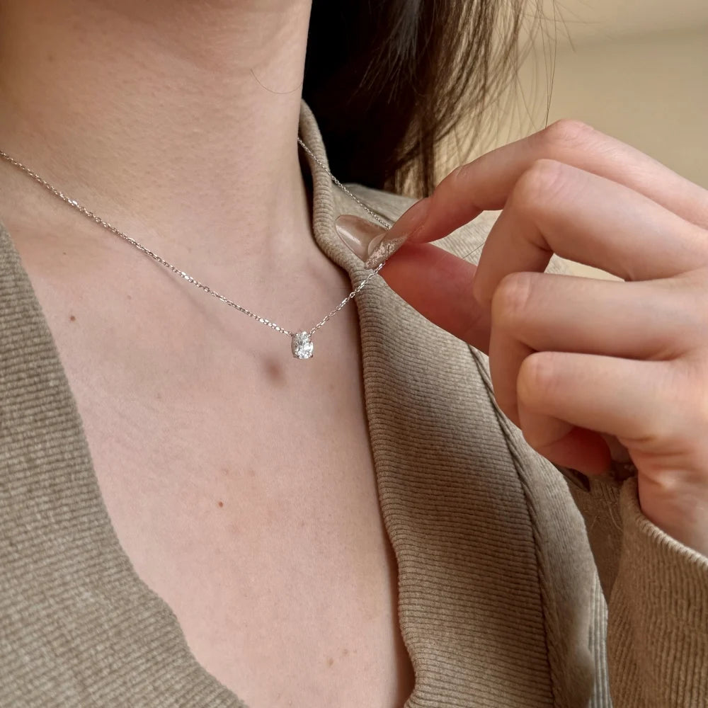 Silver Zircon Oval Cut Small Single Pendant Necklace