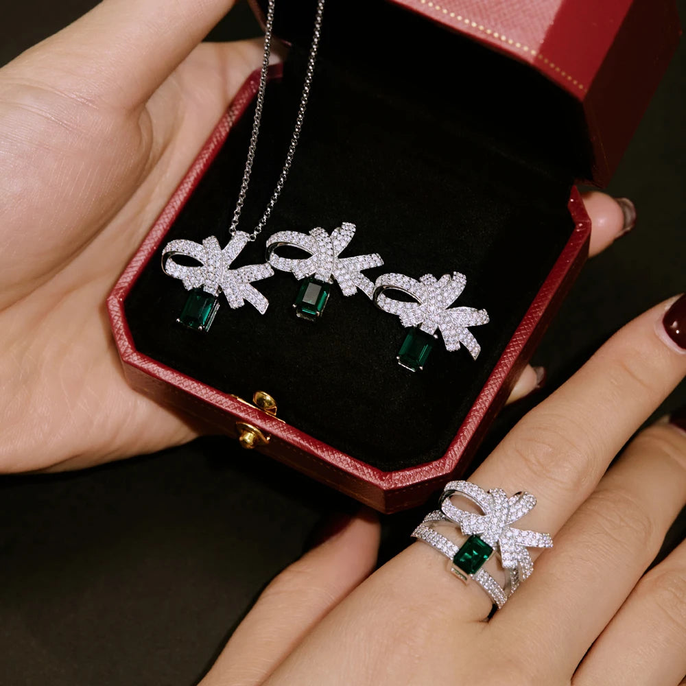 Silver Zircon Emerald Cut Bow Knot Pendant Necklace