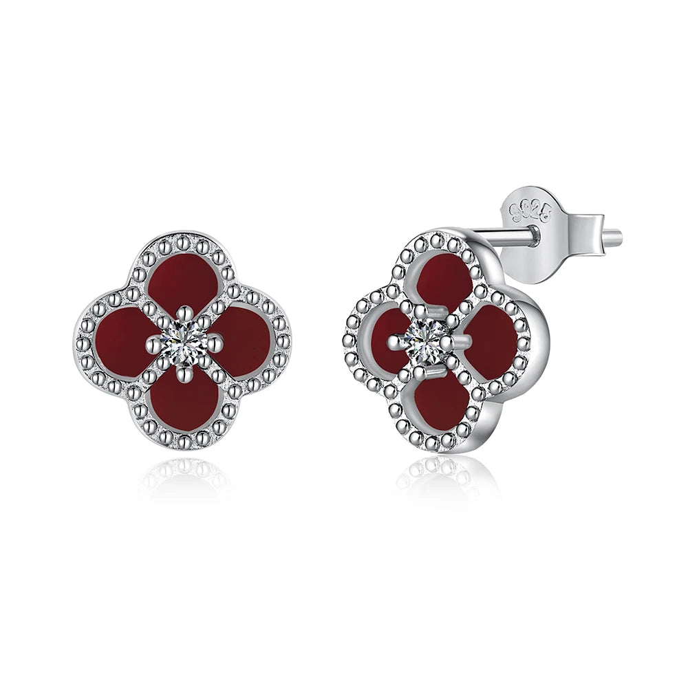 Silver Zircon Round Cut Clover Ear Studs