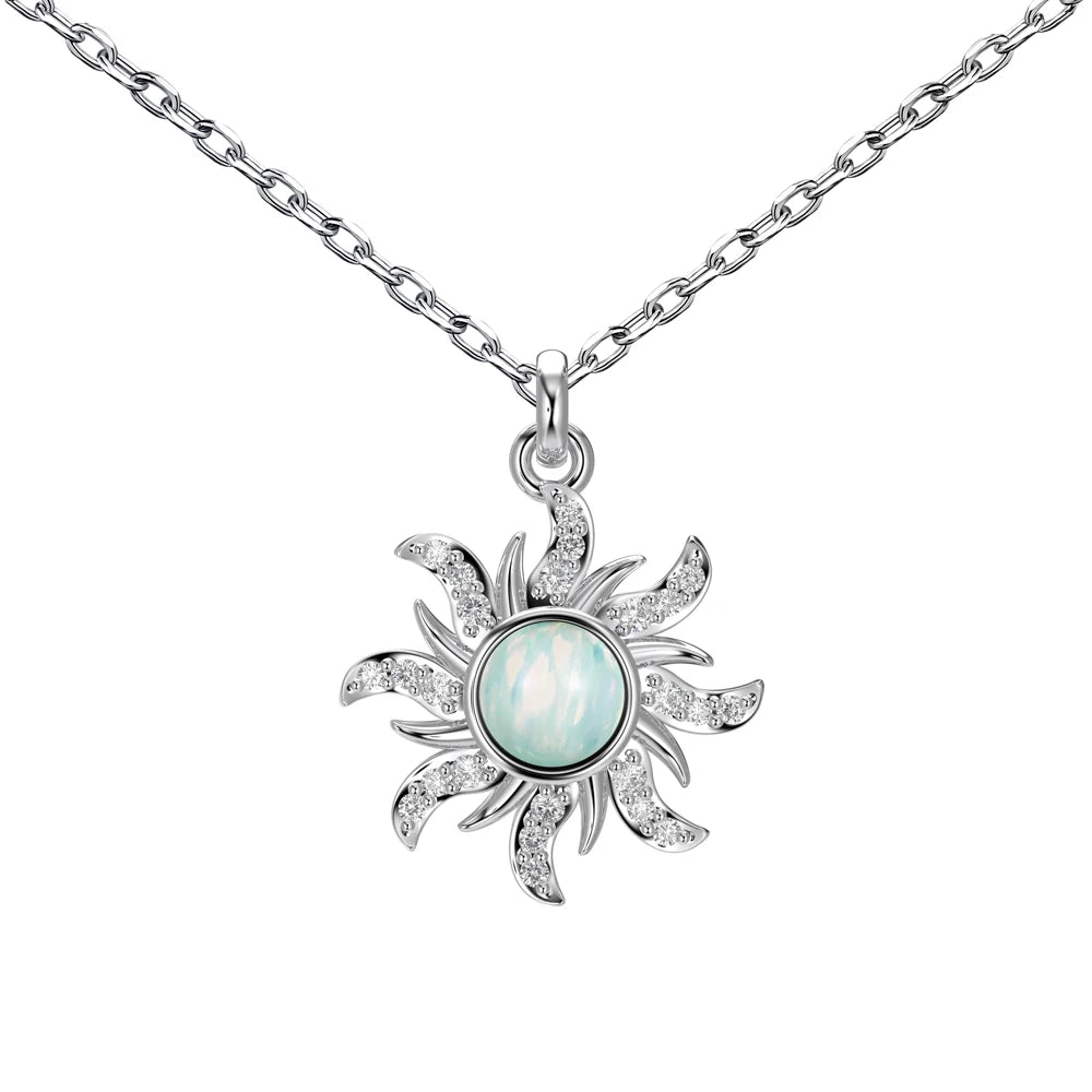 Silver Opal Round Cut Sunshine Pendant Necklace