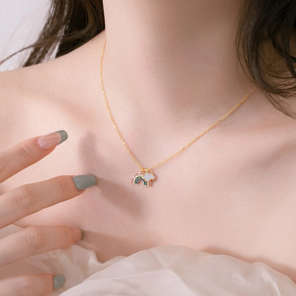 Silver Zircon Round Cut Inlaid Rainbow Pendant Necklace