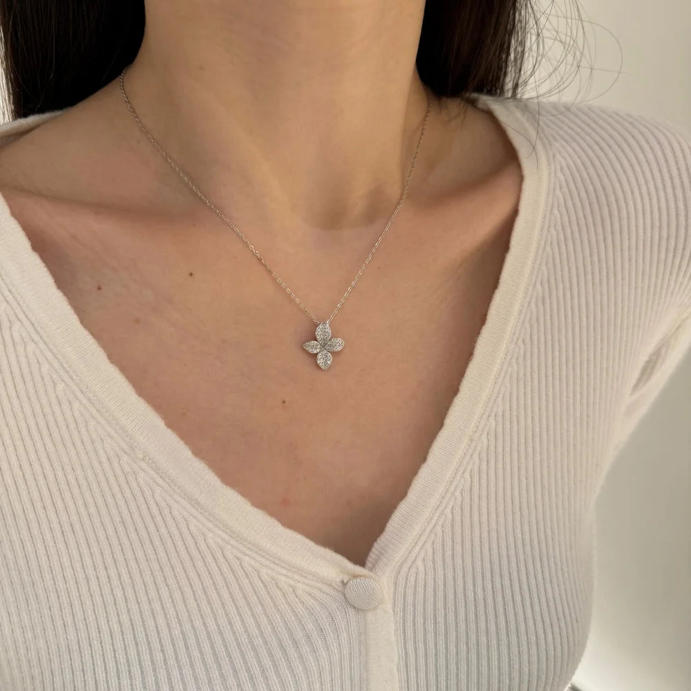 Silver Zircon Round Cut Iced Flower Pendant Necklace