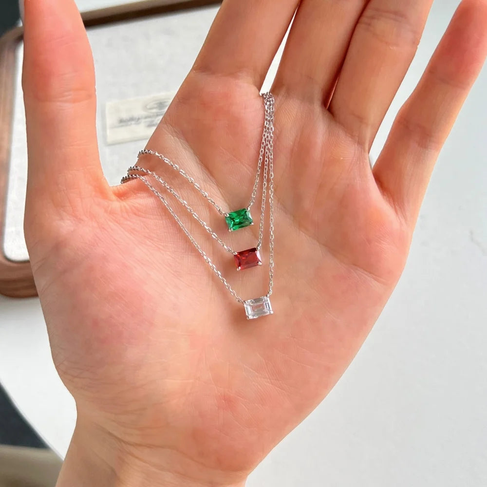 Silver Zircon Emerald Cut Single Pendant Necklace