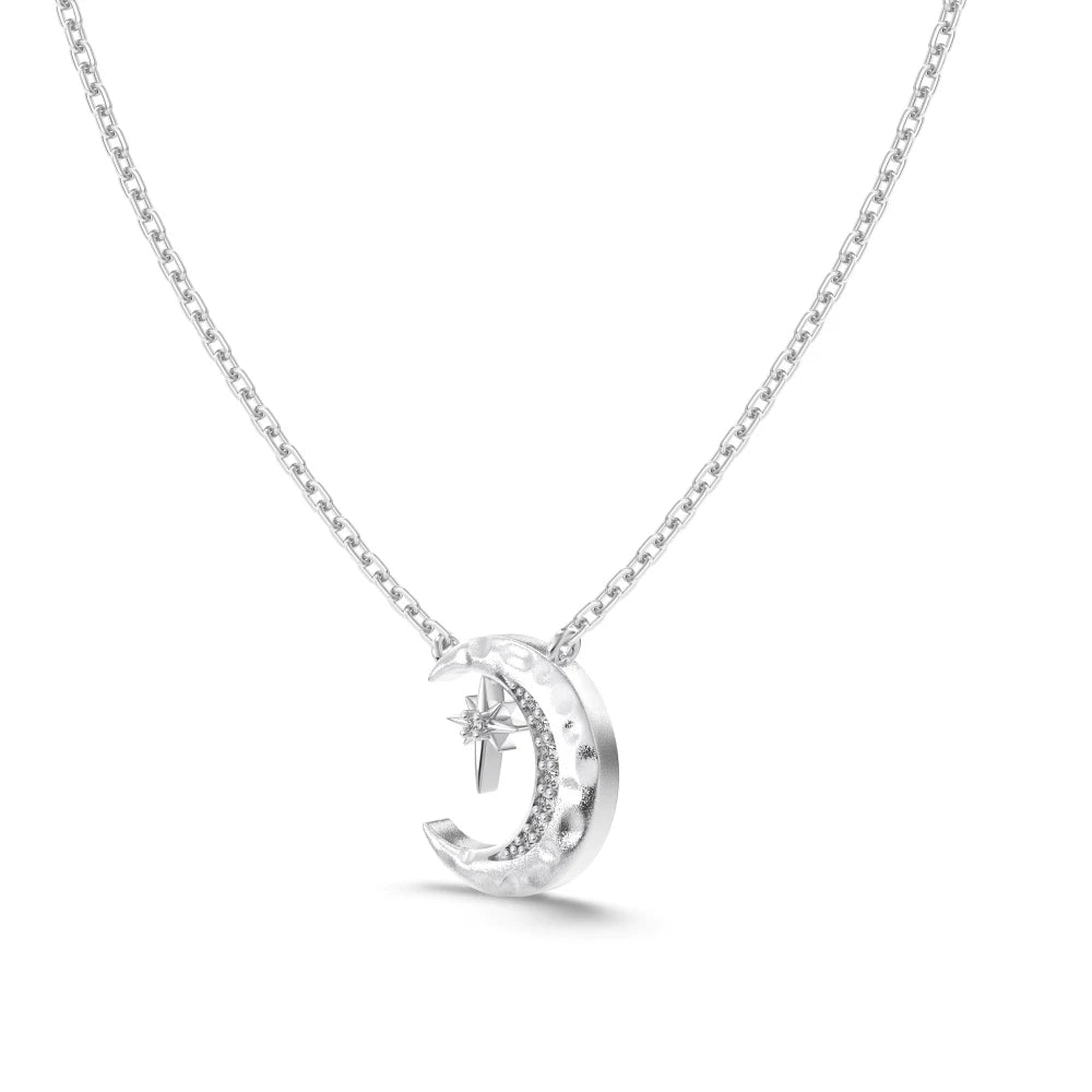 Silver Zircon Round Cut Crescent Pendant Necklace