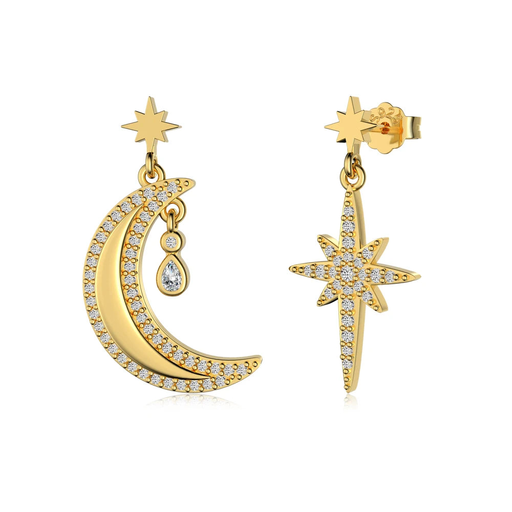 Silver Zircon Pear Cut Crescent Star Dangle Drop Earrings