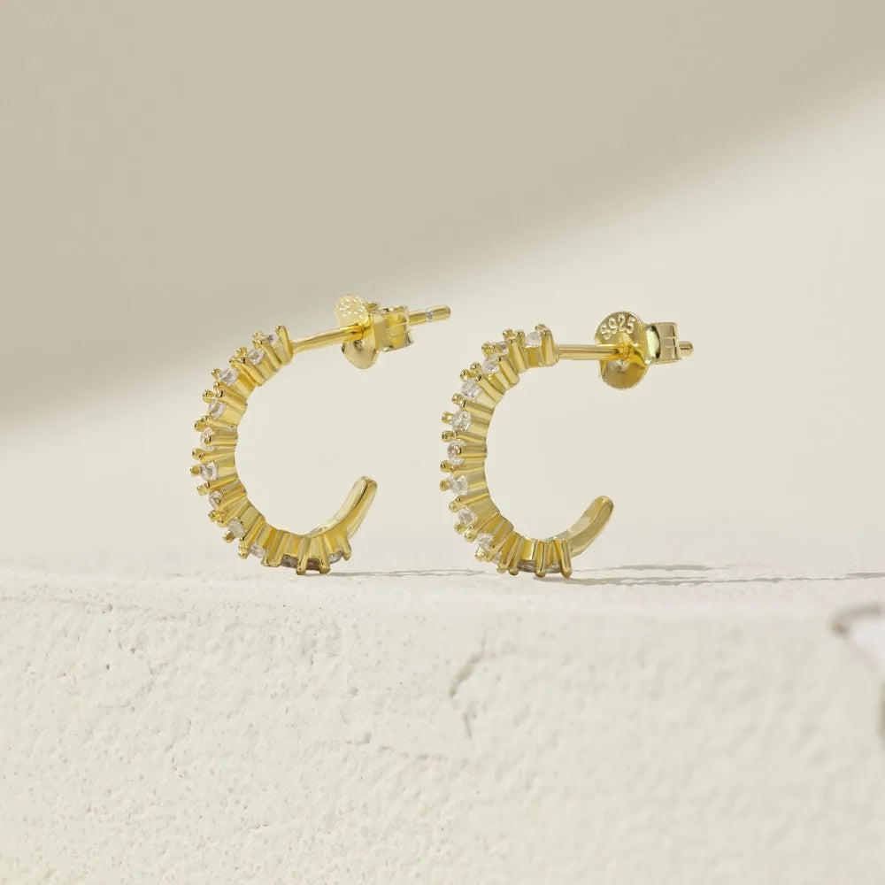 Silver Zircon Round Cut Hook Inlaid Ear Hoops