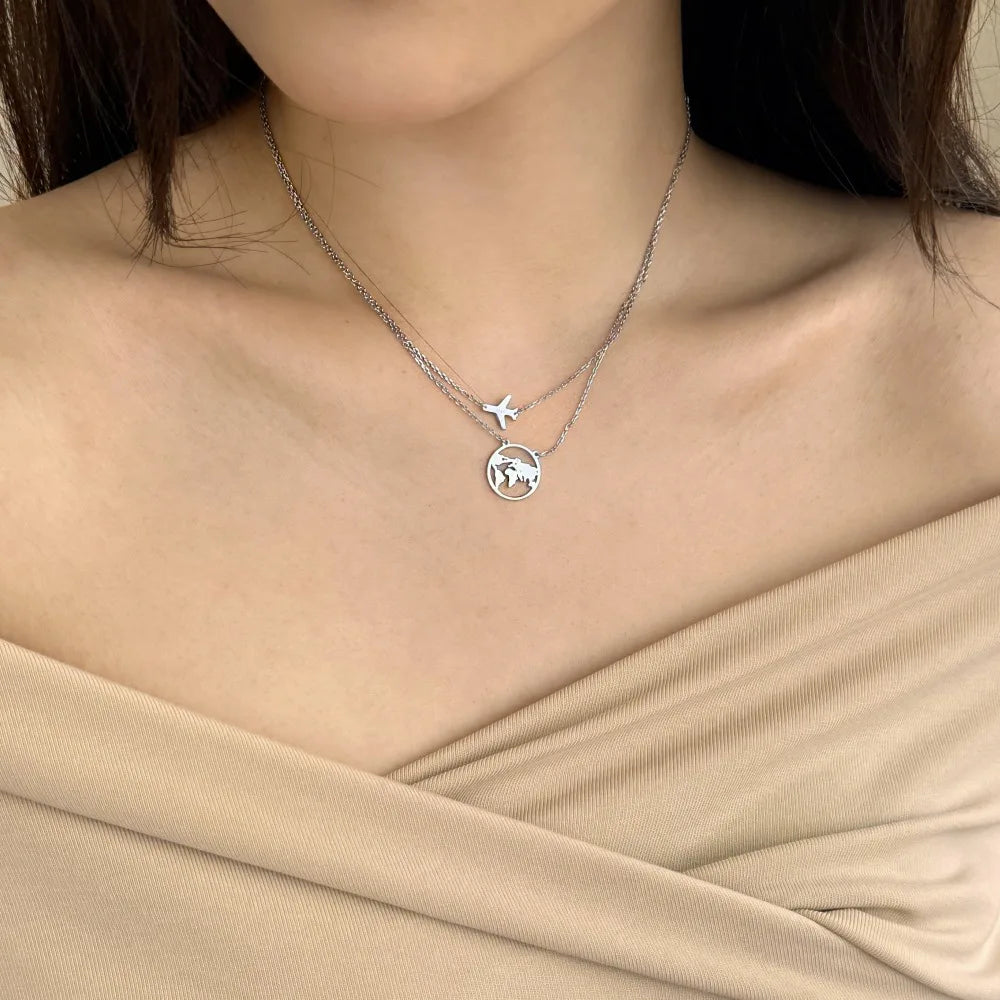 Silver Double Layer Globe Pendant Necklace