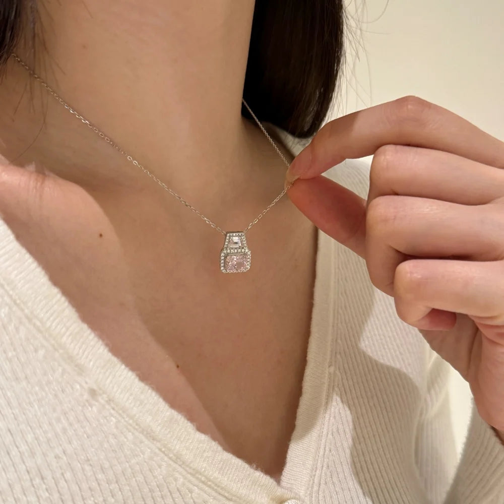 Silver Zircon Radiant Cut Halo Pendant Necklace