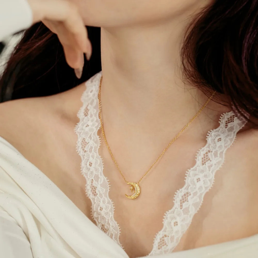 Silver Zircon Round Cut Crescent Pendant Necklace