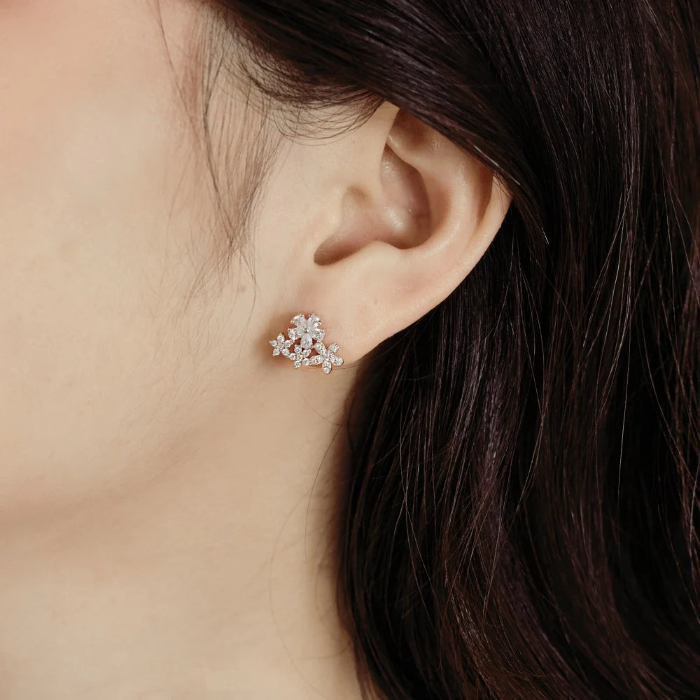 Silver Zircon Pear Cut Inlaid Flower Ear Studs