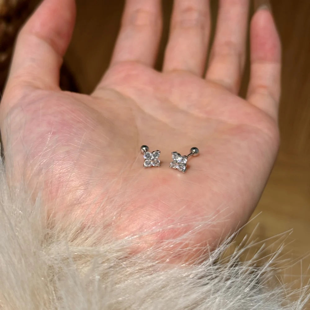 Silver Zircon Round Cut Inlaid Butterfly Ear Studs