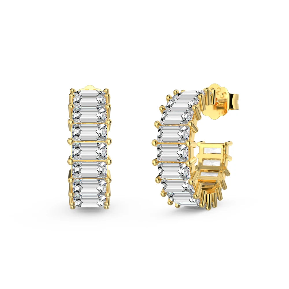 Silver Zircon Emerald Cut Hook Inlaid Ear Hoops