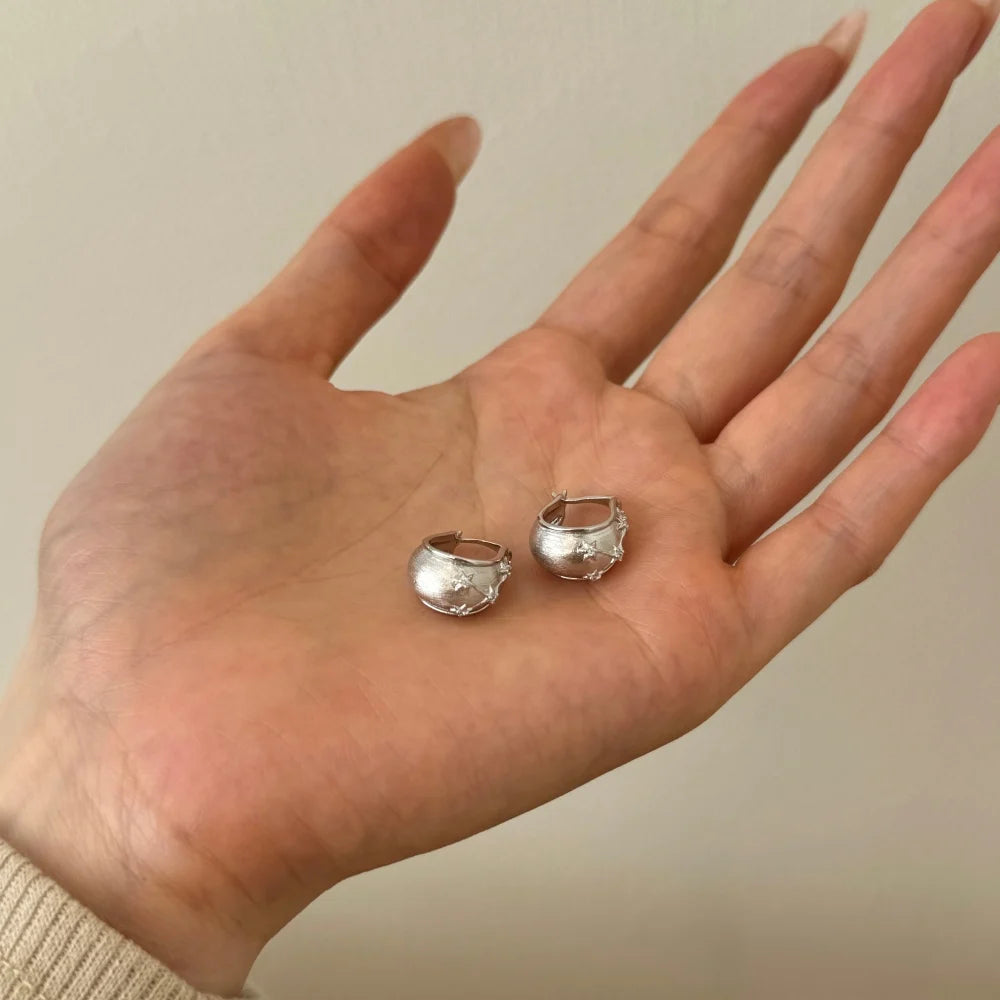 Silver Zircon Round Cut Chunky Inlaid Ear Hoops