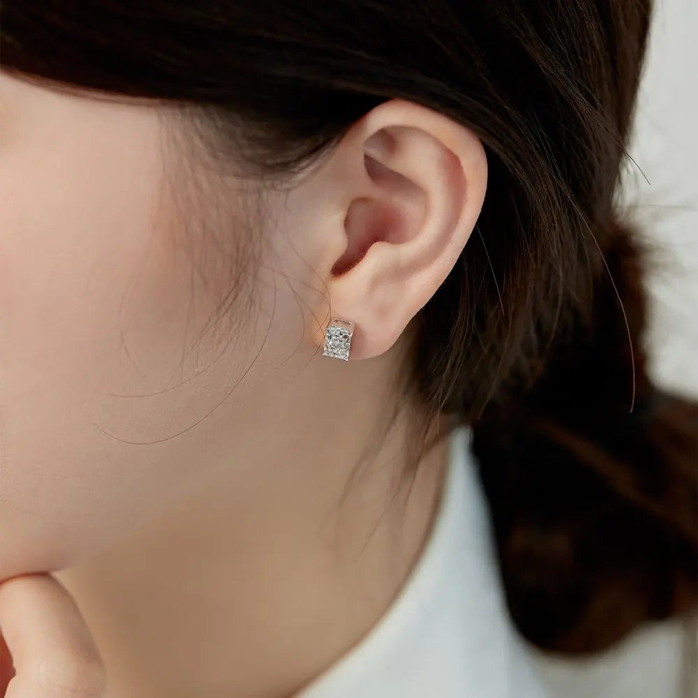 Silver Zircon Radiant Cut Squared Ear Studs