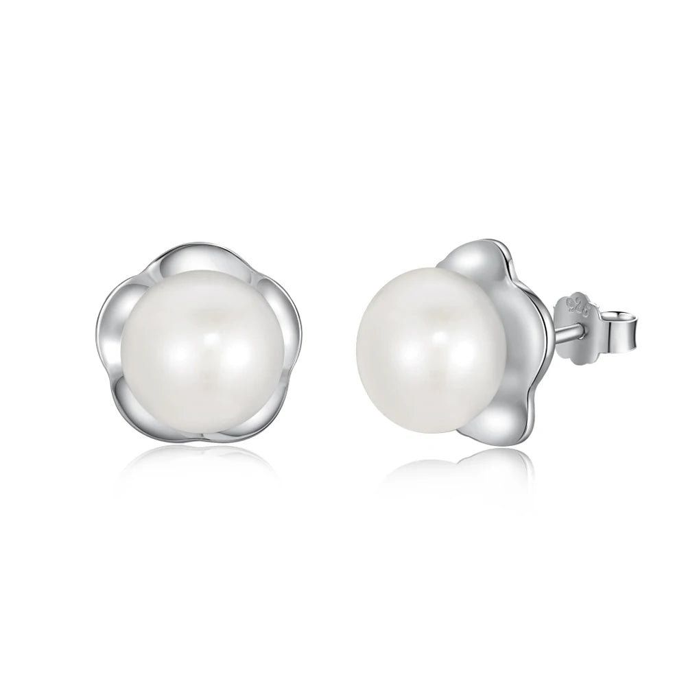 Silver Pearl Flower Ear Studs