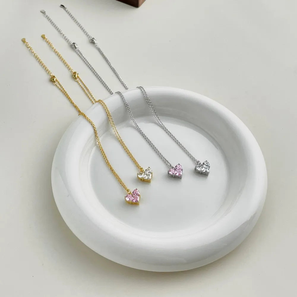 Silver Zircon Princess Cut Inlaid Heart Pendant Necklace