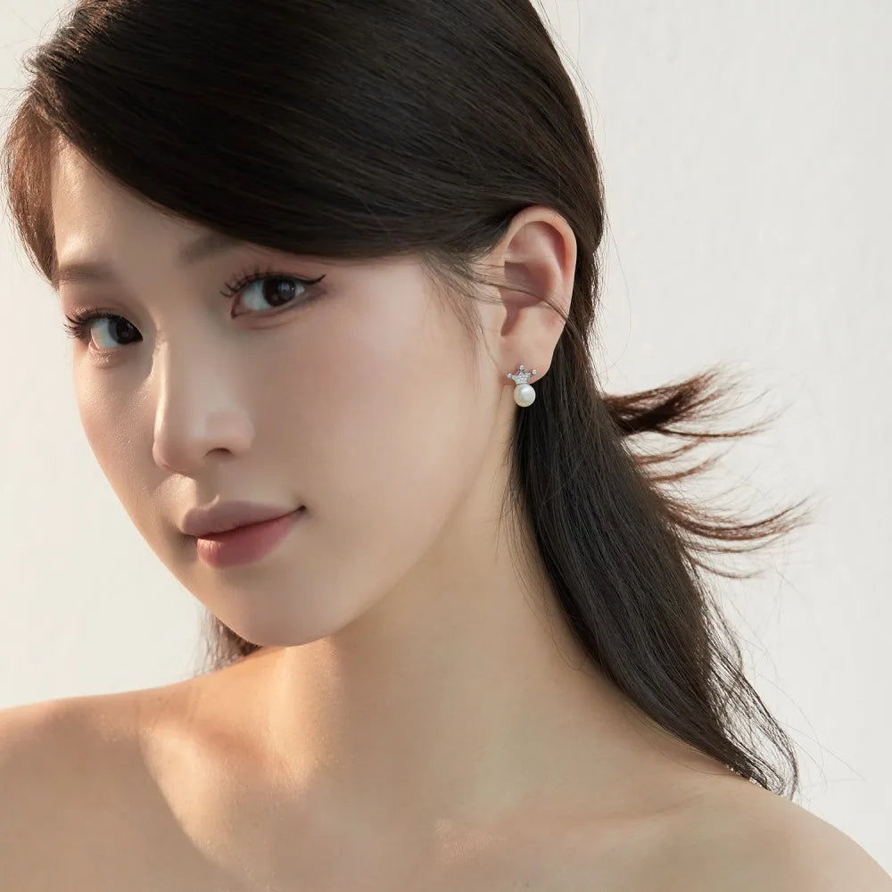 Silver Pearl Crown Ear Studs