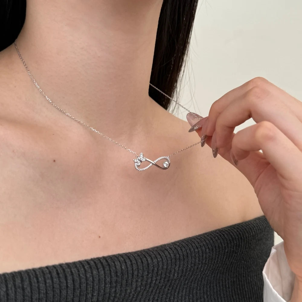 Silver Zircon Round Cut Infinity Bar Necklace