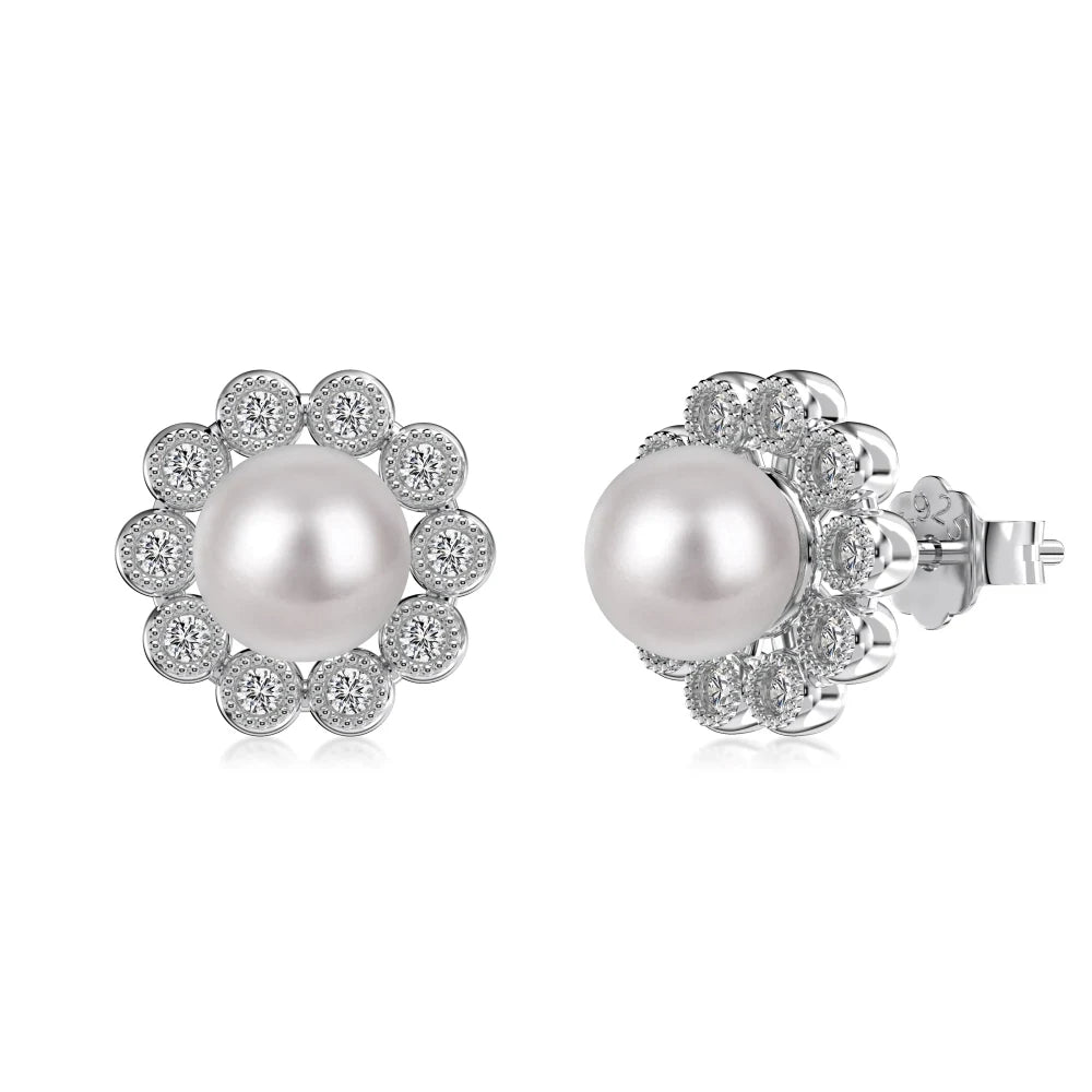 Silver Pearl Inlaid Halo Ear Studs