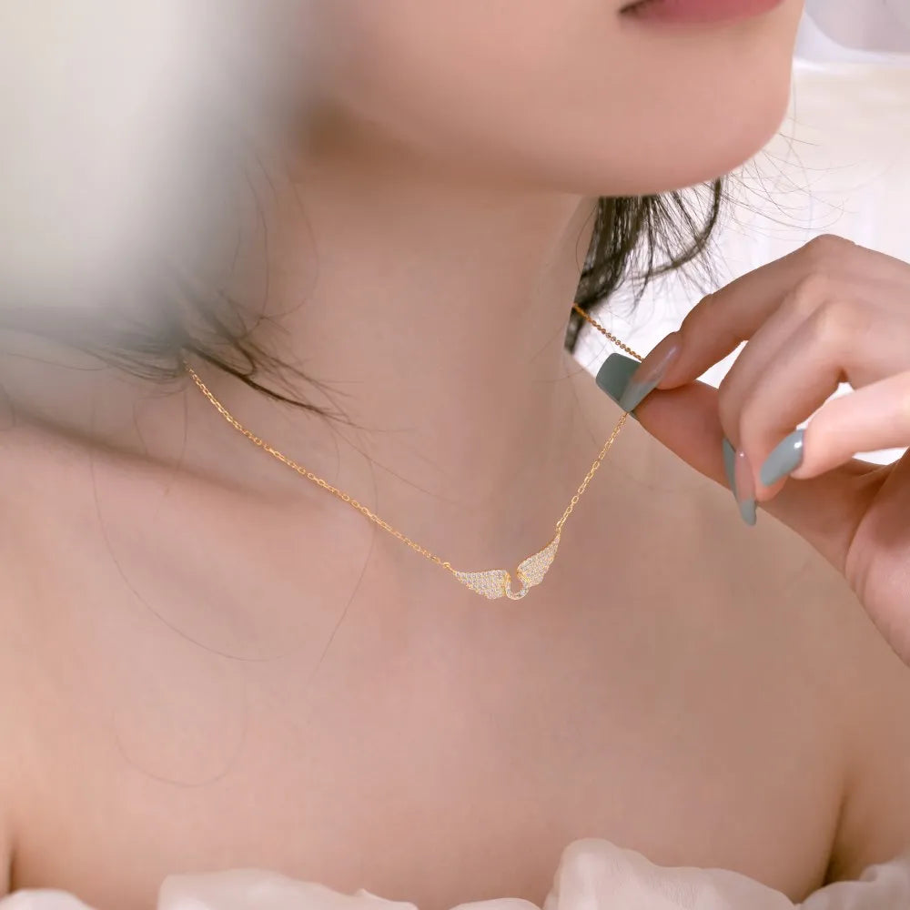 Silver Zircon Round Cut Halo Inlaid Wings Bar Necklace