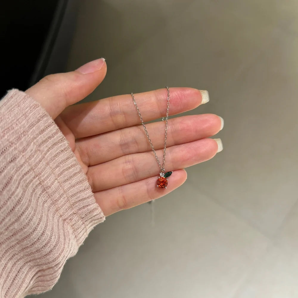 Silver Zircon Round Cut Apple Pendant Necklace