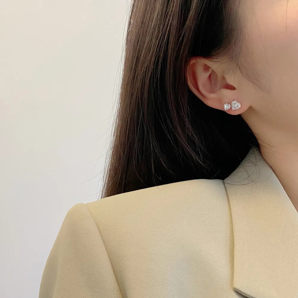 Silver Zircon Heart Cut Side Stacked Ear Studs