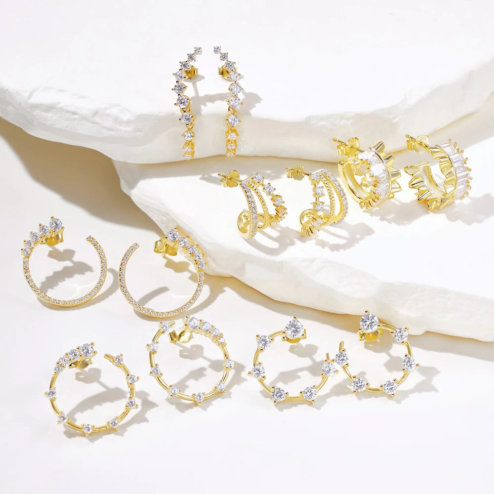 Silver Zircon Round Cut Twisted Hollow Huggie Earrings