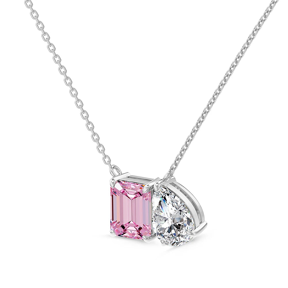 Silver Zircon Emerald Cut Toi Et Moi Pendant Necklace
