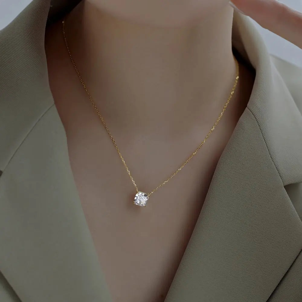 Silver Zircon Princess Cut Solitaire Pendant Necklace