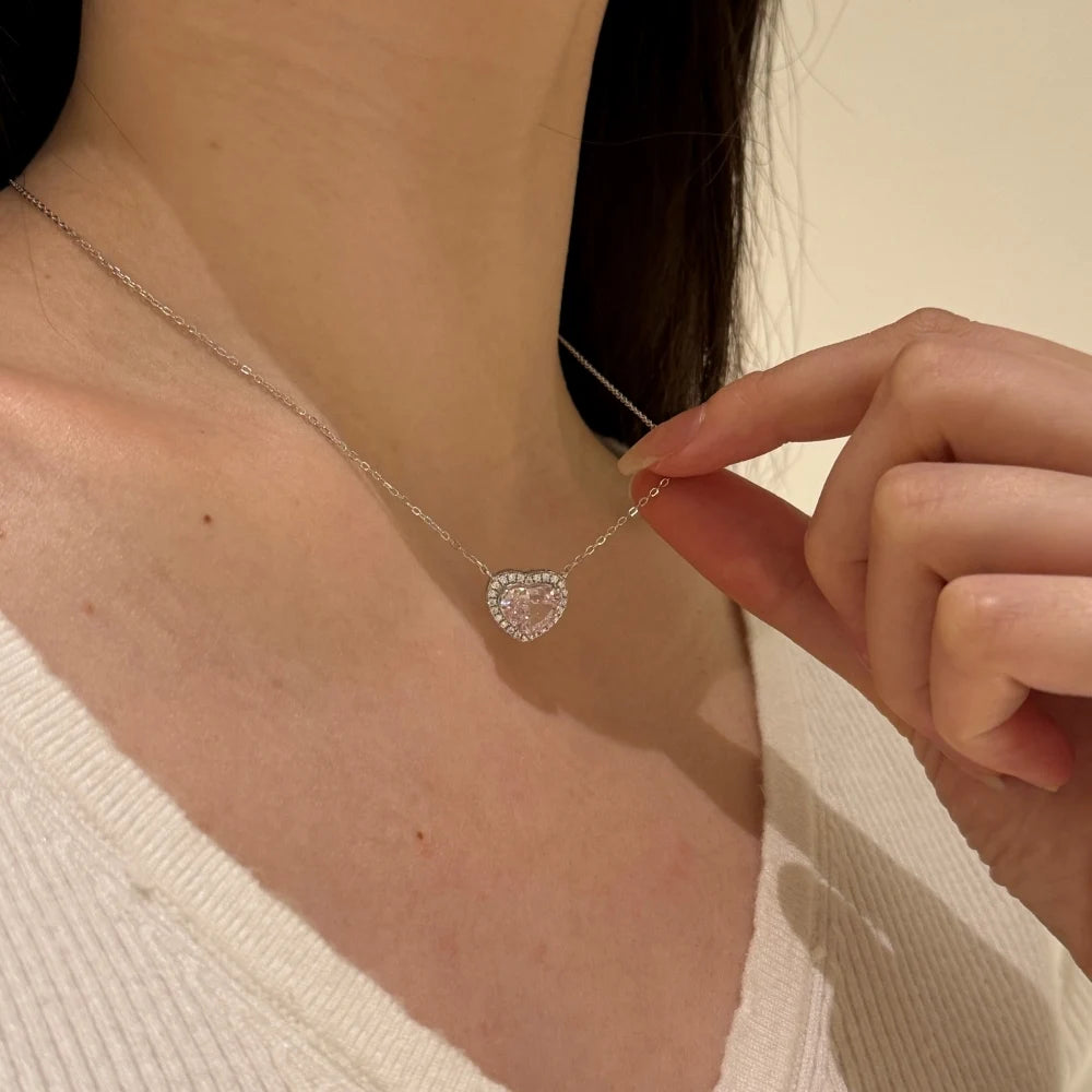 Silver Zircon Heart Cut Inlaid Halo Pendant Necklace