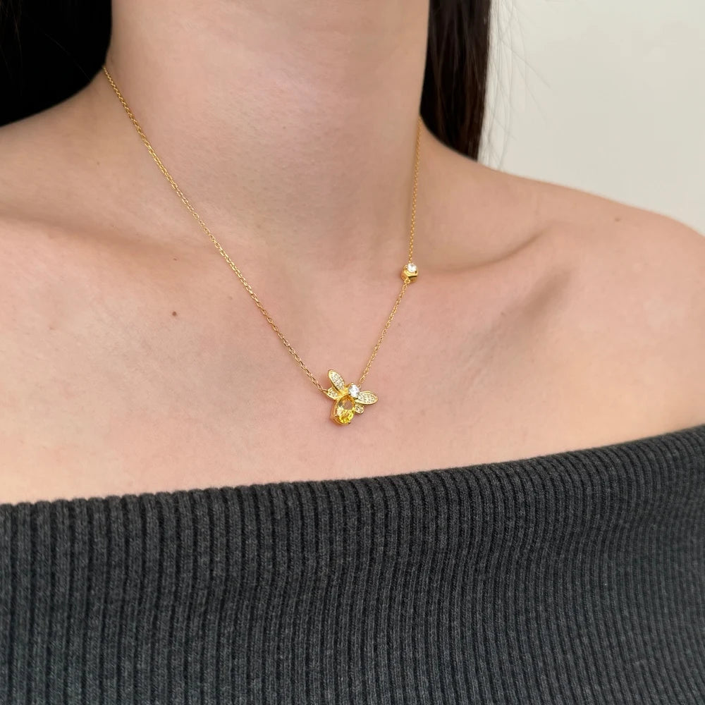Silver Zircon Oval Cut Bee Pendant Necklace
