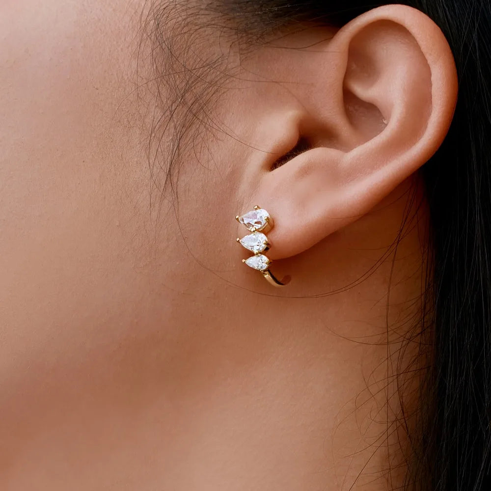Silver Zircon Pear Cut Layered Hook Water Drop Ear Studs