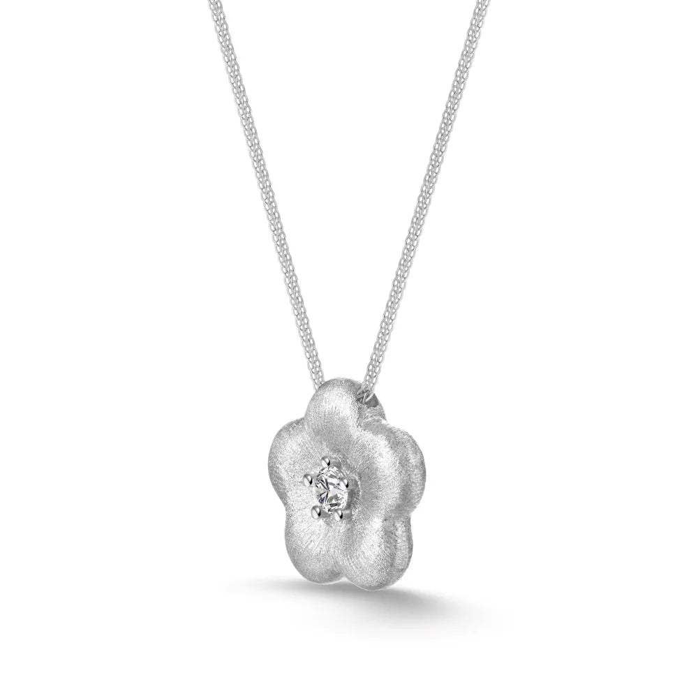 Silver Zircon Round Cut Sakura Flower Pendant Necklace
