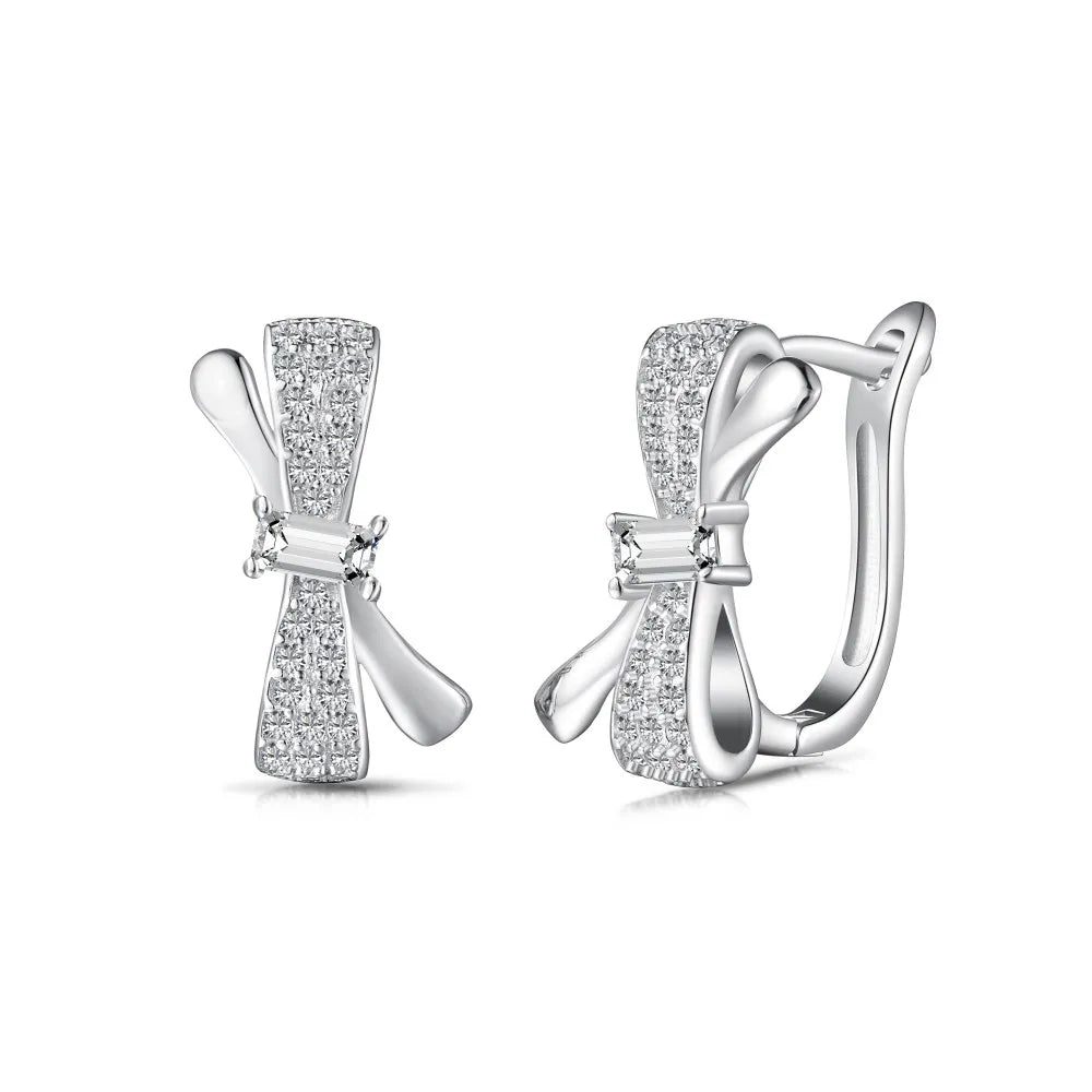 Silver Zircon Baguette Cut Bow Ear Hoops