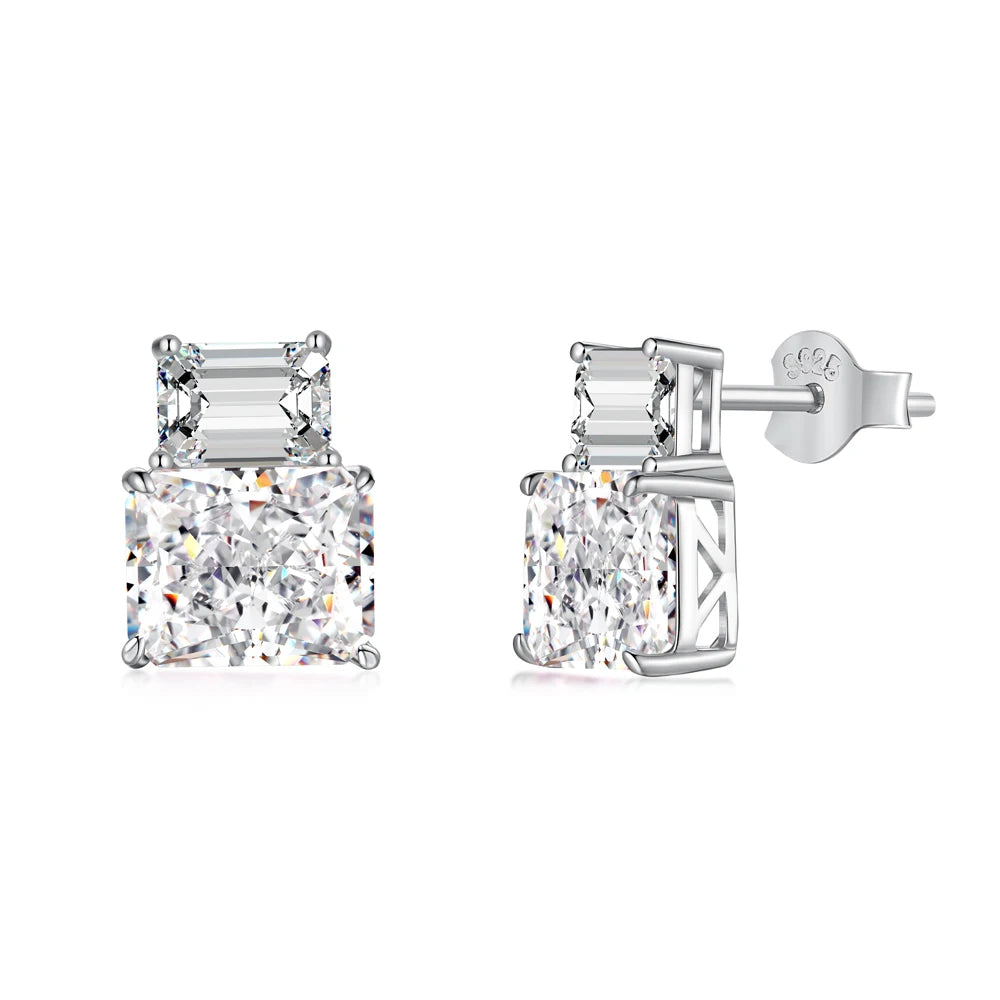 Silver Zircon Radiant Cut Stacked Ear Studs