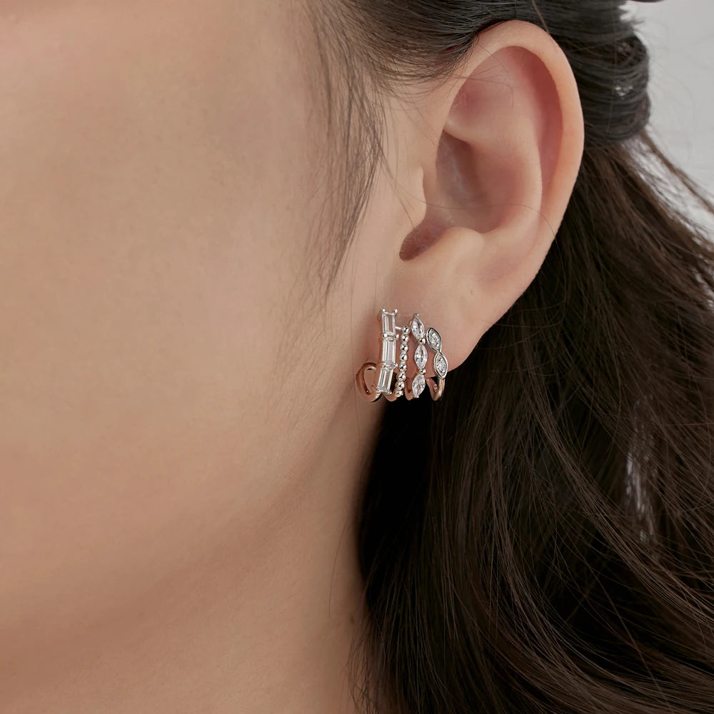 Silver Zircon Baguette Cut Multi Layer Huggie Earrings