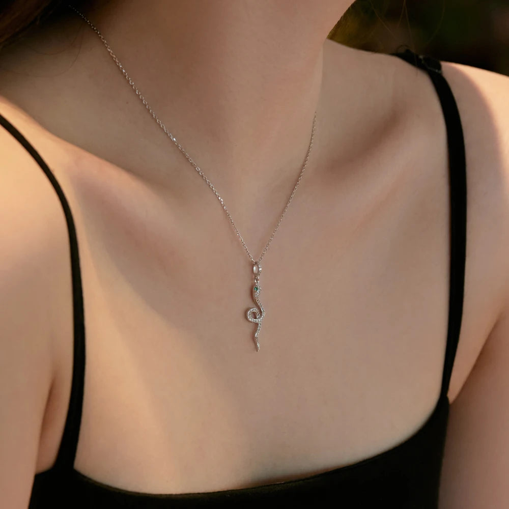 Silver Zircon Round Cut Snake Pendant Necklace