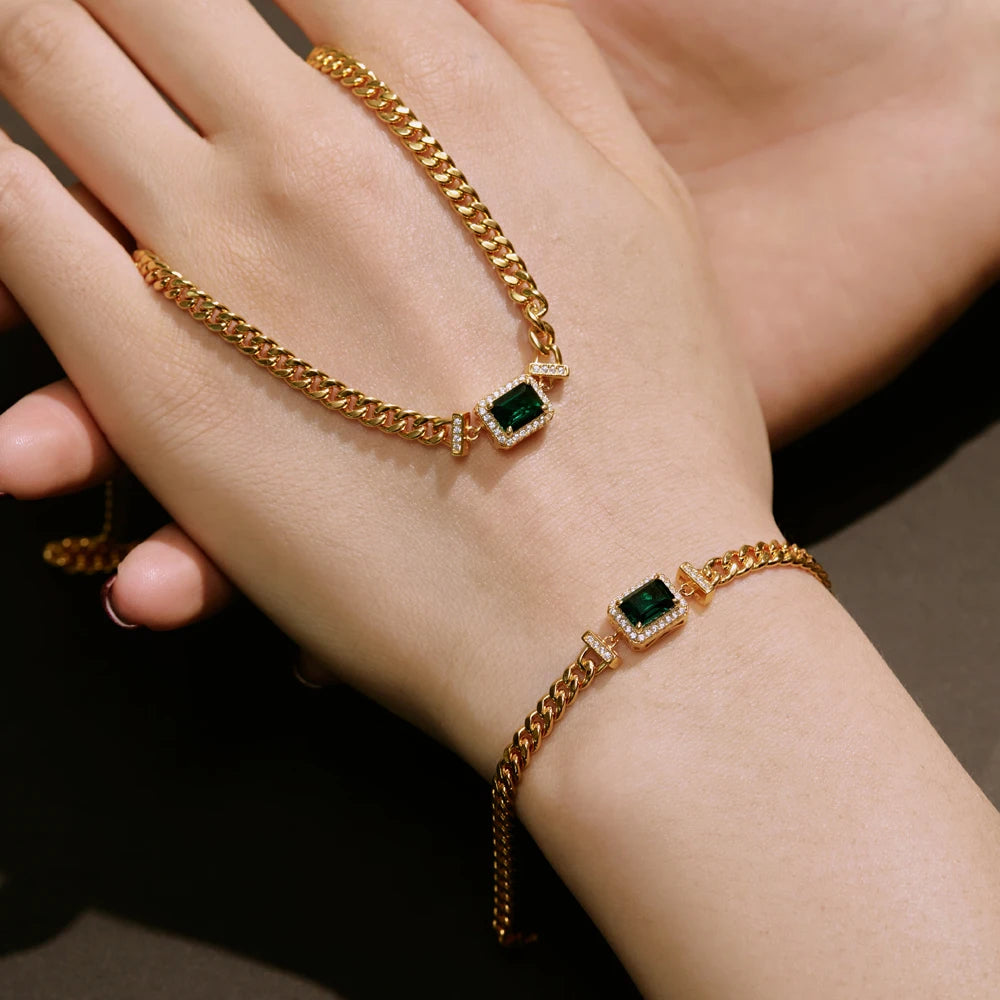 Silver Zircon Emerald Cut Cuban Chain Bracelet