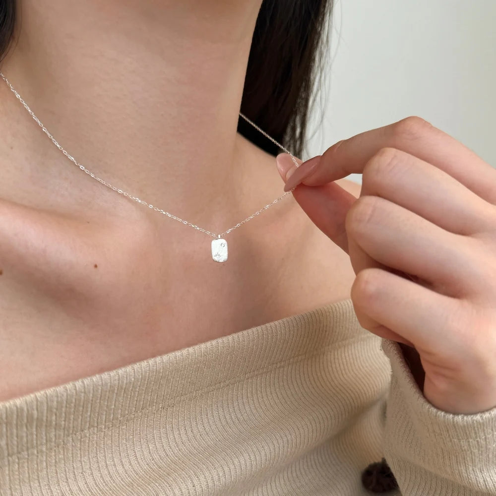 Silver Zircon Round Cut Brushed Tag Pendant Necklace