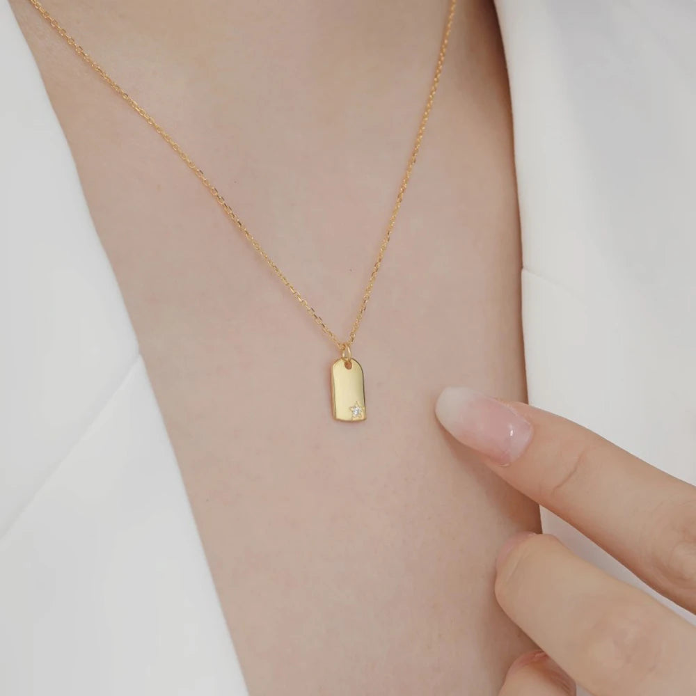 Silver Zircon Round Cut Tag Pendant Necklace