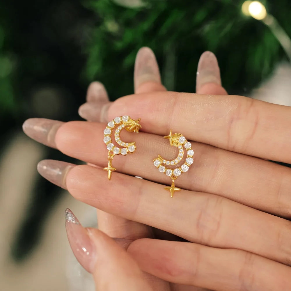 Silver Zircon Round Cut Moon Star Drop Earrings