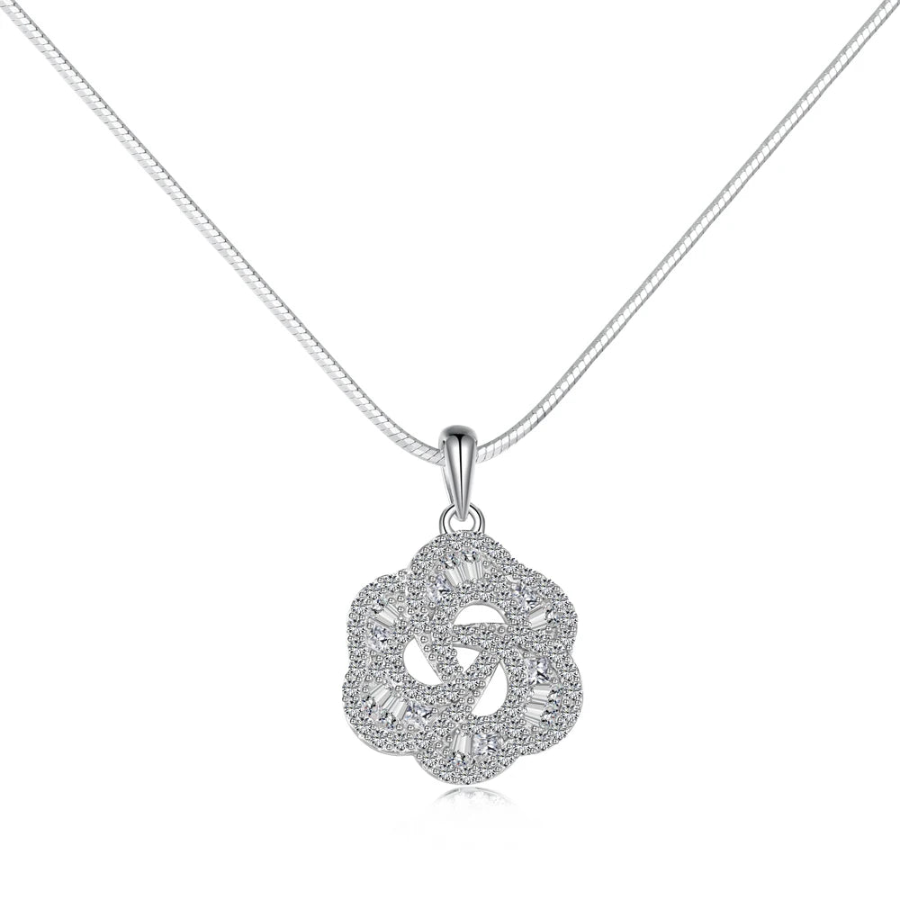 Silver Zircon Tapered Baguette Cut Iced Flower Pendant Necklace